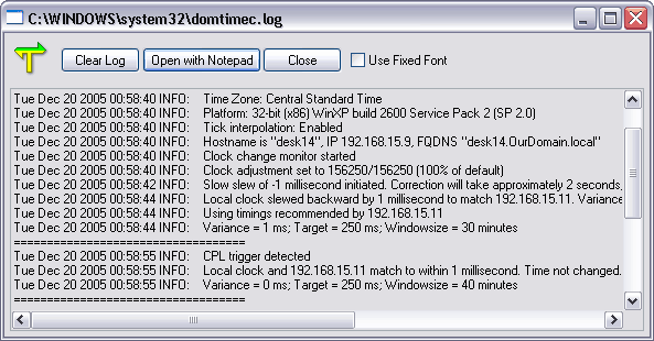 Domain Time II Full Client Control Panel - Log Viewer Screen