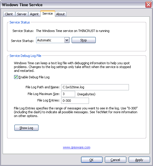 Domain Time II Windows Time Agent: Service tab