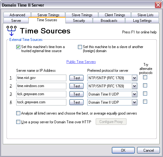 Domain Time II Server Control Panel - Time Sources Tab