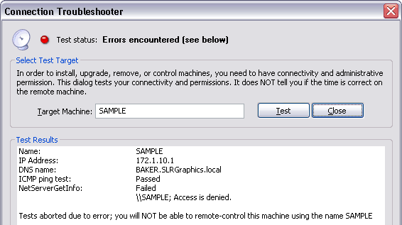 Test results from a user with insufficient rights to connect to the remote machine