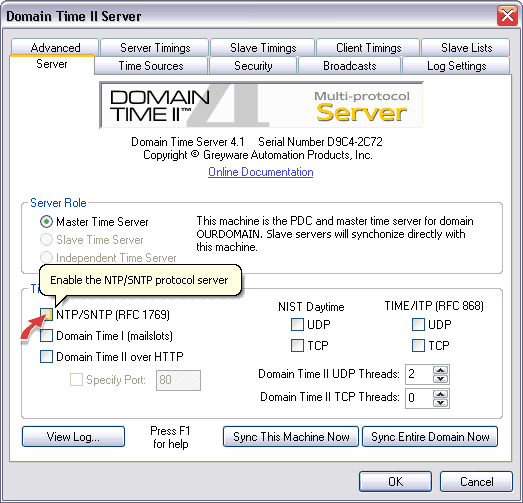 Enabling the NTP protocol in Domain Time II Server