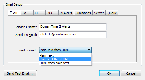 Email Setup From and Format Selection