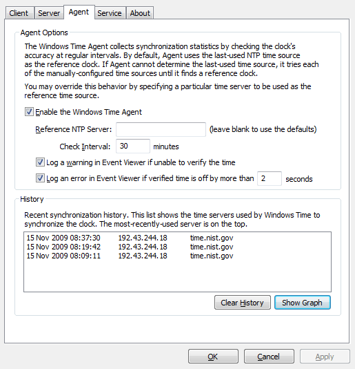 Windows Time Agent: Agent tab