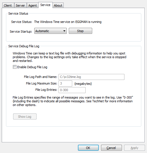 Windows Time Agent: Service tab